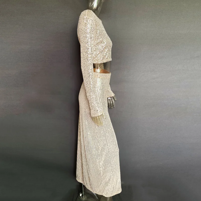 Ootddress Sequins Loose Dress Sets Women Long Sleeve Crop Tops High Waist Sexy Maxi Skirts Ladies Two Piece Suits Womens Outifits