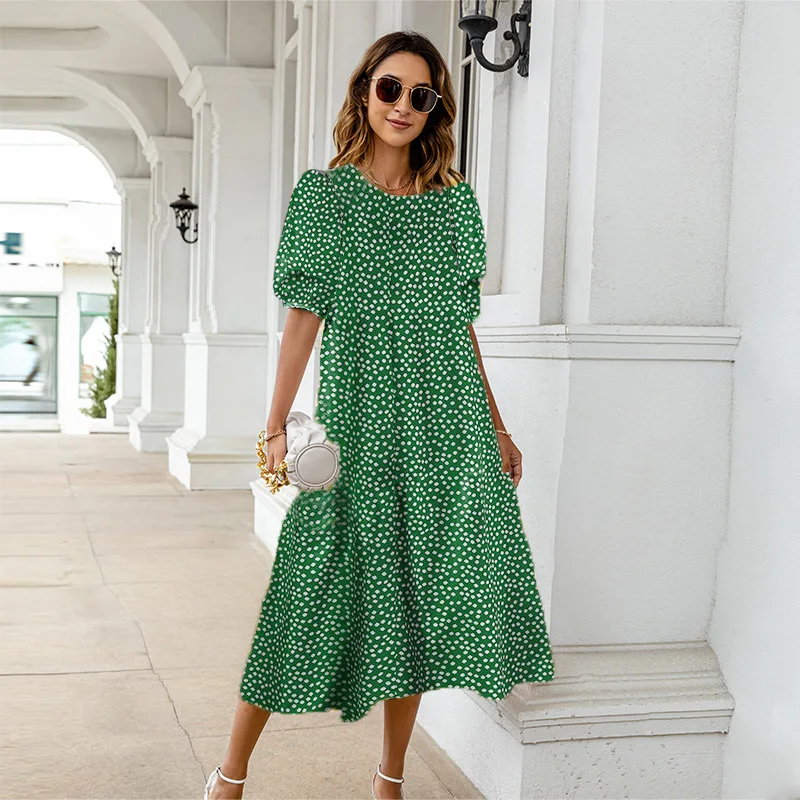 2025 Summer New Women's Print Dress Puff Short Sleeves Ruffles Loose A-line Midi Dresses Fashion Casual Beach Vacation Vestidos 13 undefined