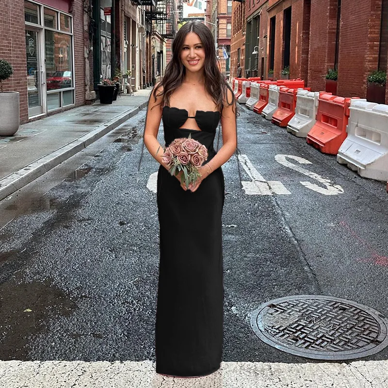 Ootddress Satin Bandage Dress Women Hollow Out Sleeveless Slim Long Dresses Femme Summer Party Elegant Sexy Backless Dress Woman