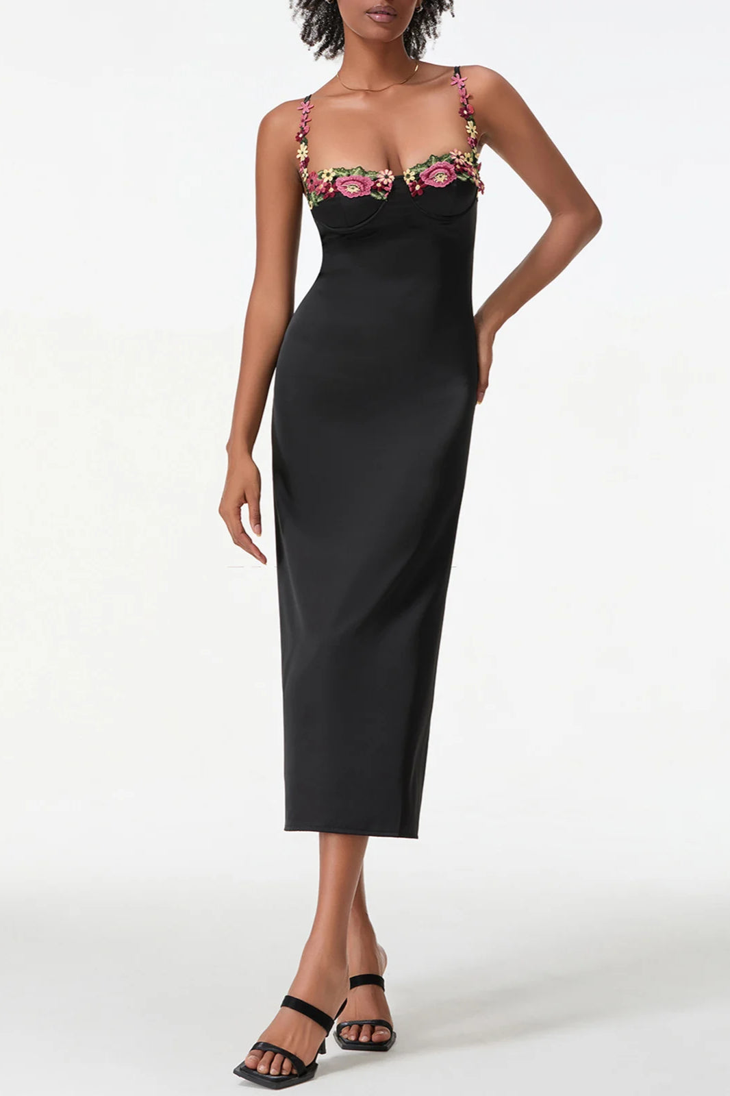 Floral Appliqué Sweetheart Spaghetti Strap Satin Slip Midi Dress