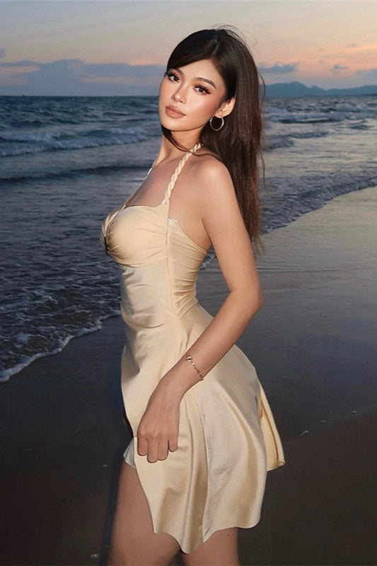 Halter Braided Strap Shell Charm Ruched Sweetheart Satin Mini Dress