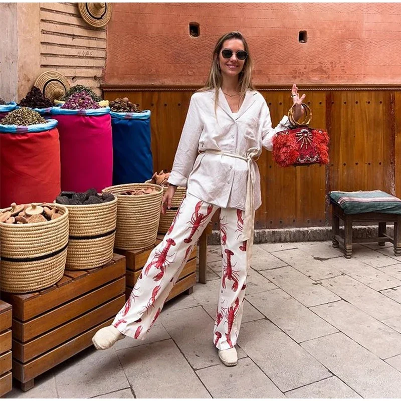 Cartoon Cray Printing Long Pants Set For Women 2025 Summer Short Sleeve Shirt High Waist Wide Leg Pant 2 Piece Sets Lady Outfits