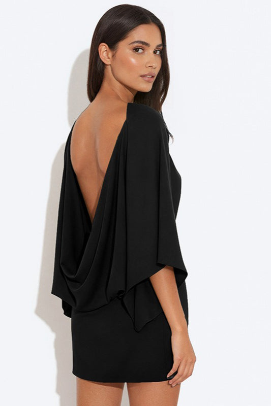 Deep Back Cowl Neck Draped Wing Sleeve Loose Mini Dress
