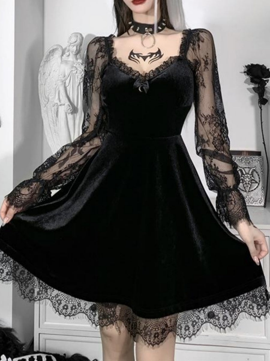 Lace Velvet Long Sleeve Midi Dresses