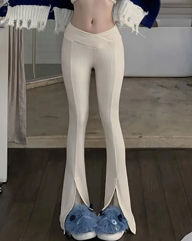 Ootddress Knit Skinny Flared Trousers Split Out Trousers For Women Cross Low Waist White Casual Streetwear Flared Pants 2025 New