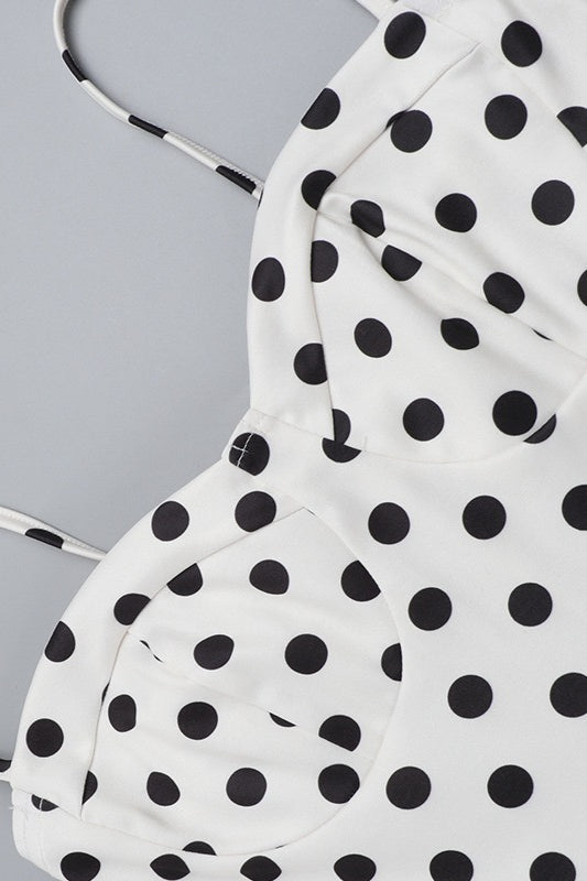 White Spaghetti Strap Sweetheart Neck Polka Dot Ruffle Hem Midi Dress
