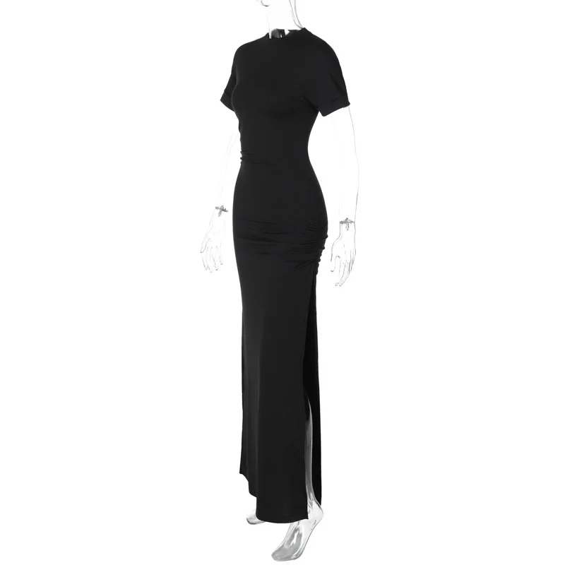 Women's Elegant O Neck Maxi Dress Short Sleeve Slim High Waist Shirring Dress Sexy Side Slit Evening Club Bodycon Dress Lady 8 Women's Elegant O Neck Maxi Dress Short Sleeve Slim High Waist Shirring Dress Sexy Side Slit Evening Club Bodycon Dress Lady