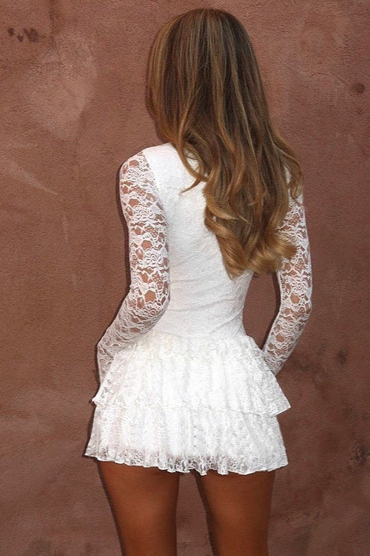 Floral Lace Crew Neck Buttoned Keyhole Cut Out Tiered Ruffle Mini Dress
