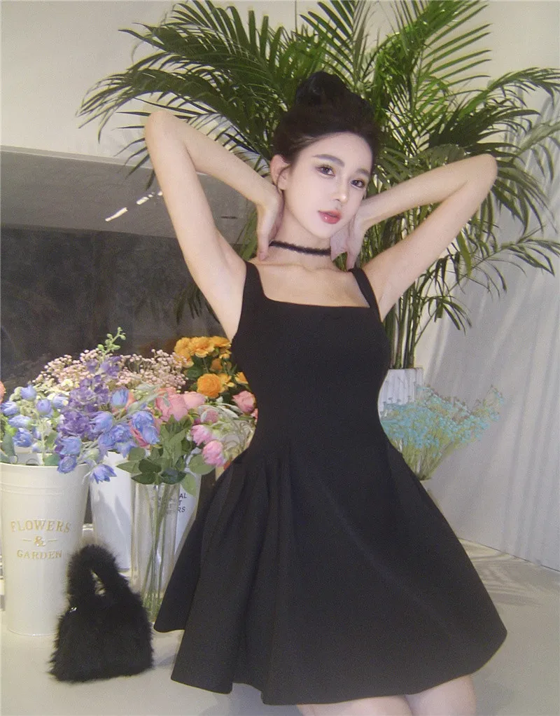 Y2K Black Short Dress Women Spaghetti Strap New Summer Sexy Evening Party Dresses with Pockets French Vintage Backless Clothing
