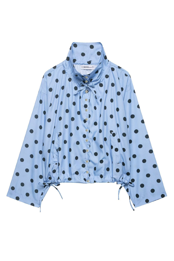 Polka Dot Print Loose Stand Collar Button Bow Tie Casual Long-sleeved Jacket