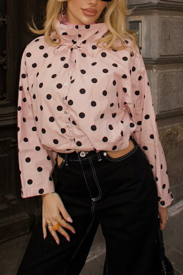 Polka Dot Print Loose Stand Collar Button Bow Tie Casual Long-sleeved Jacket