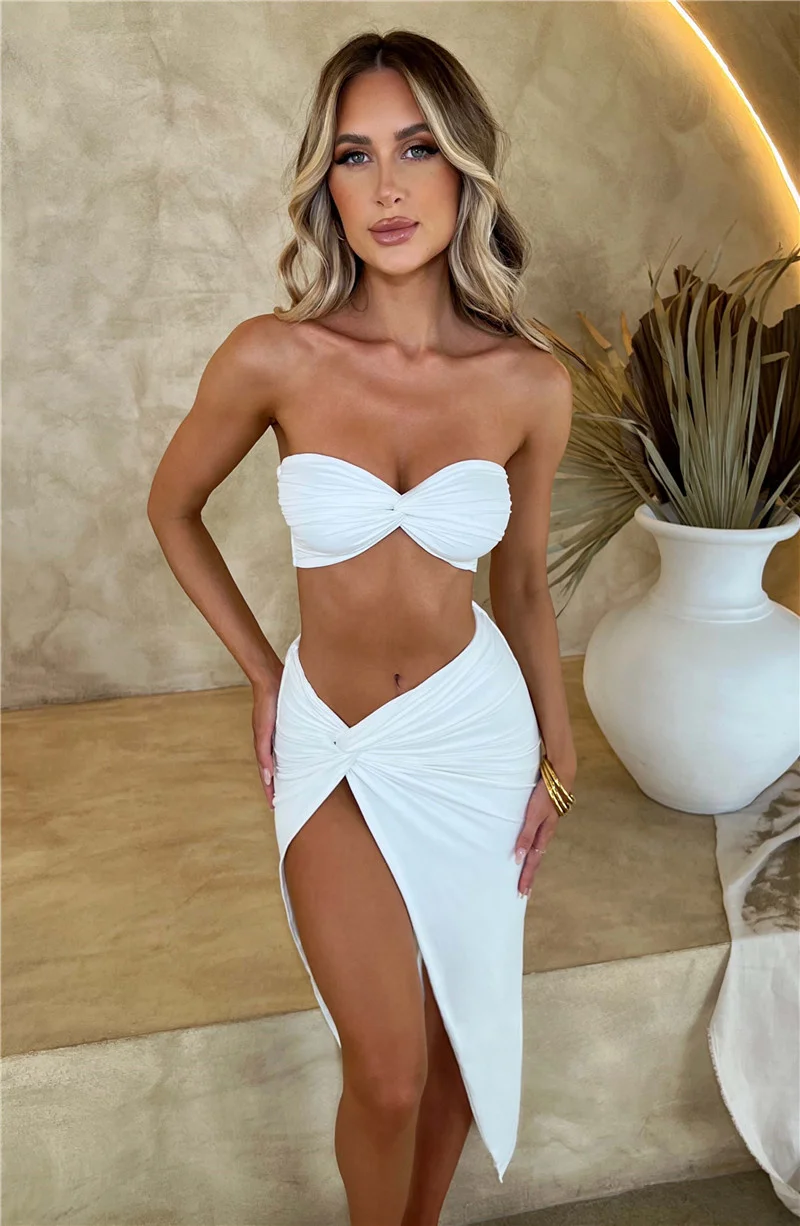 Ootddress Elegant Strapless Sexy Two Piece Set Women Sleeveless Crop Top And High Split Skirt Matching Sets Party Dress Sets