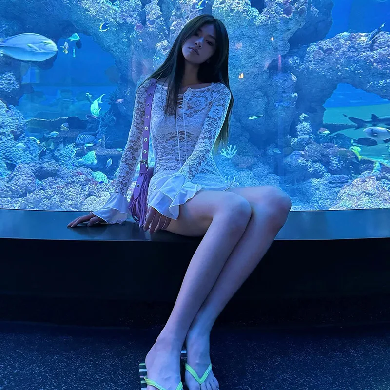 Fantoye Sexy See Through Lace Women Dress White Off Shoulder Flare Sleeve Dress Female Spring Slim Elegant Party Streetwear 2025