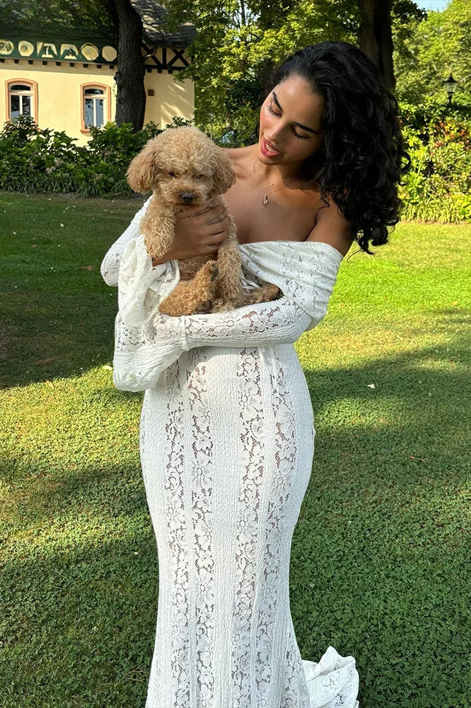 Off Shoulder Floral Lace Tie Front Long Sleeve Bodycon Maxi Dress