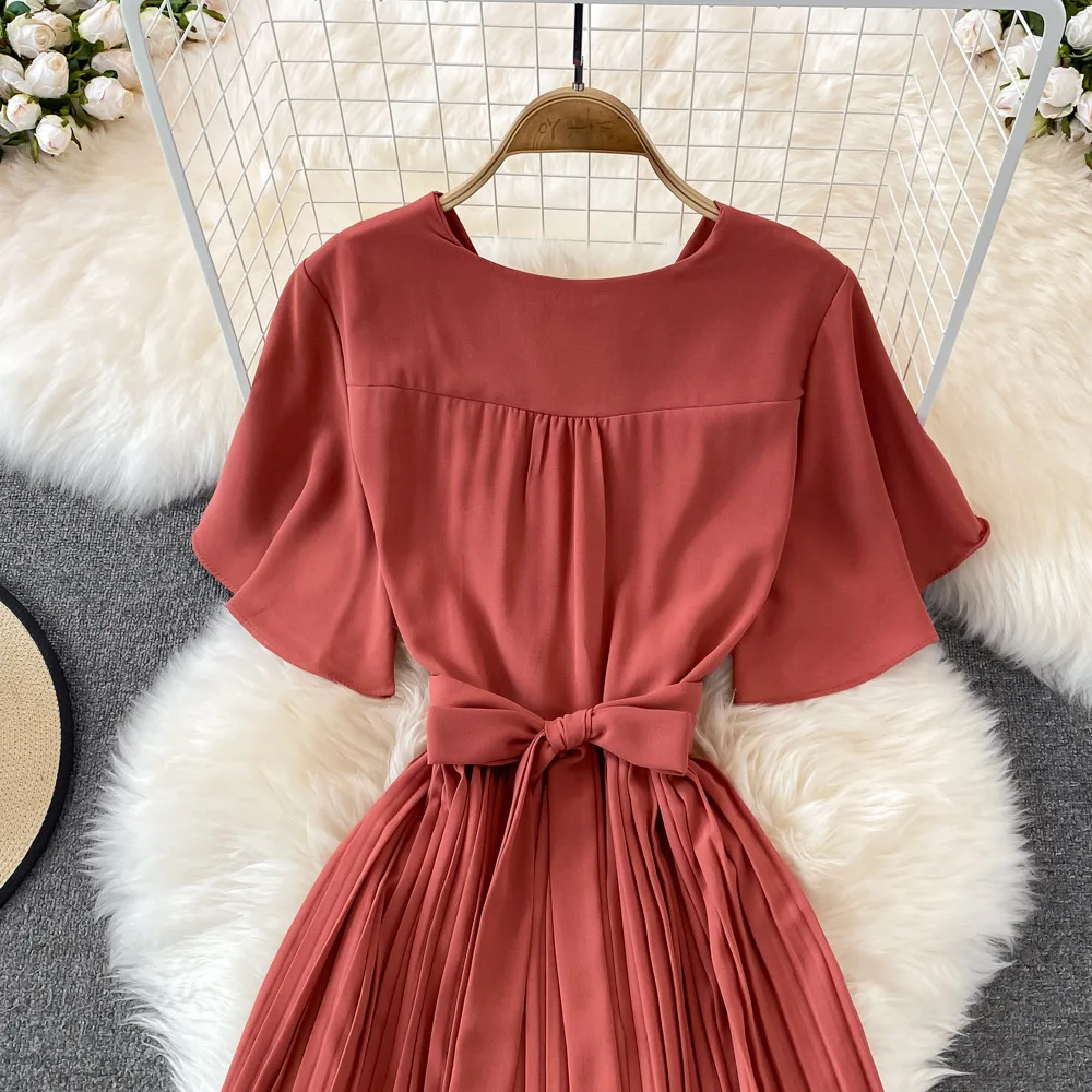 Women Elegant Pleated Dress Summer Short Sleeve V-neck Vintage Dresses Ladies A Line High Waisted Midi Dress