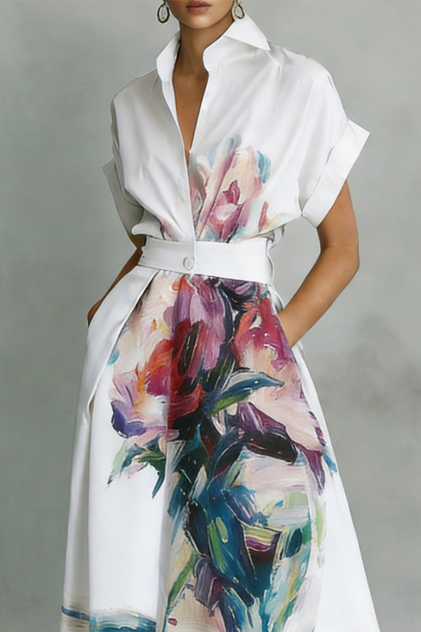 Fashionable Art Print Collared Short Sleeve Casual Pocket Midi Dress