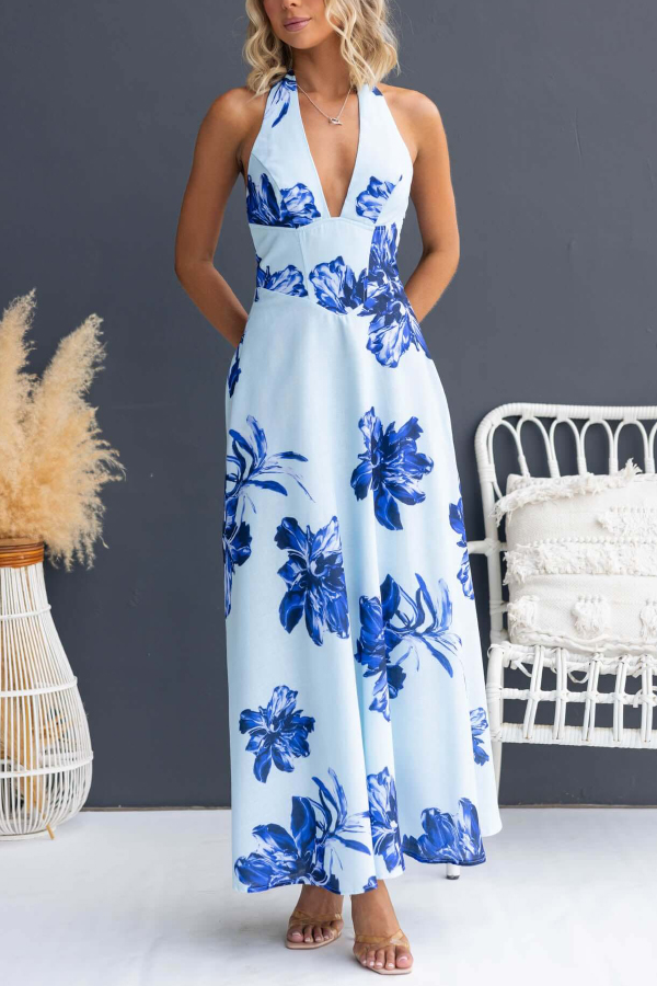 Floral Print V-neck Backless Tie-up Fitted Waist Elegant Maxi Dress