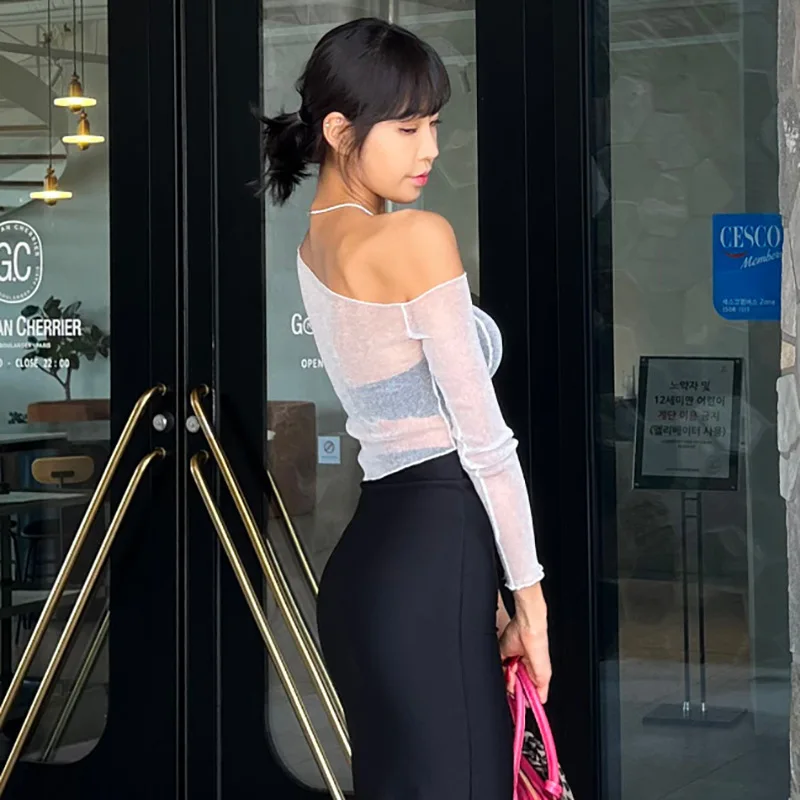 Ootddress Sheer Mesh Crop Top Tee Summer See-Through Streetwear One-Shoulder Tops For Women Slim Cropped Mesh Lace Black T-Shirt