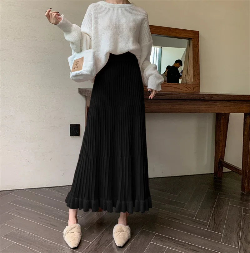 Ootddress High Waist Ruffled Pleated Skirts Women Solid Autumn Elegant Long Skirt Loose Pleated Ribbed Casual Ladies Maxi Skirt 21 Ootddress High Waist Ruffled Pleated Skirts Women Solid Autumn Elegant Long Skirt Loose Pleated Ribbed Casual Ladies Maxi Skirt
