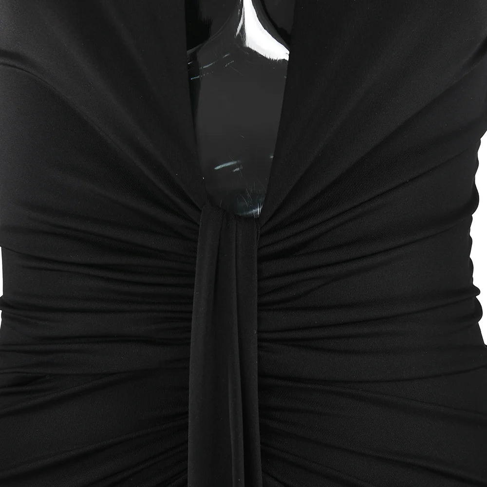 Ootddress Elegant Deep V Neck Full Sleeve Long Dress For Women Robe Fashion Autumn New Irregular Ruched Bodycon Midi Dress