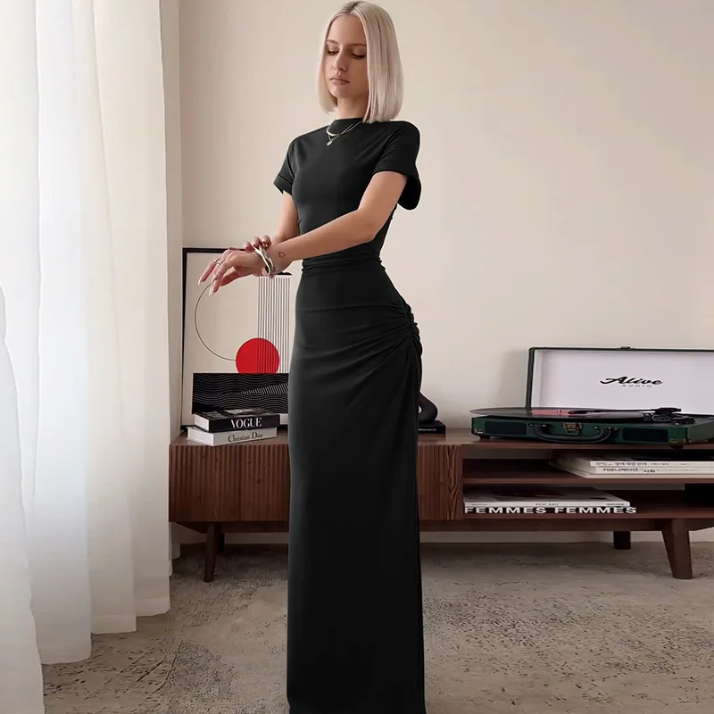 Women's Elegant O Neck Maxi Dress Short Sleeve Slim High Waist Shirring Dress Sexy Side Slit Evening Club Bodycon Dress Lady 24 Women's Elegant O Neck Maxi Dress Short Sleeve Slim High Waist Shirring Dress Sexy Side Slit Evening Club Bodycon Dress Lady
