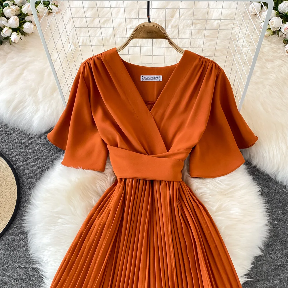 Women Elegant Pleated Dress Summer Short Sleeve V-neck Vintage Dresses Ladies A Line High Waisted Midi Dress