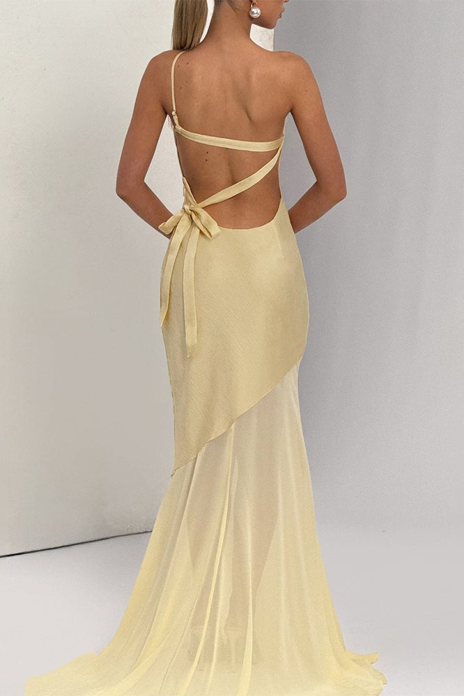 One Shoulder Waist Triangular Cutout Sheer Panel Flare Hem Maxi Dress