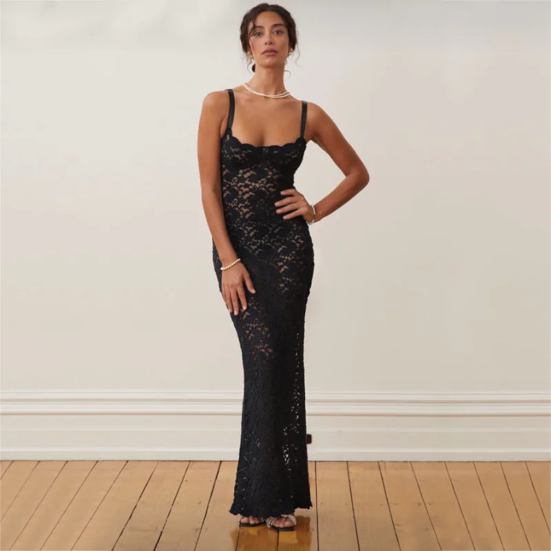 Ootddress Lace Black Dress Female Slim Hollow Out Spaghetti Backless Dress Elegant Party Evening Gown Split Women Maxi Dress Summer