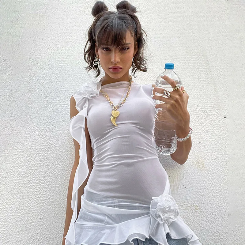 Ootddress See Through Mesh Sexy Backless Crop Top T Shirt For Women Ribbons Lace Up Splice Fungus Solid Hot Girl Club Summer New