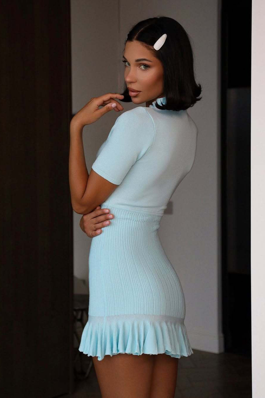 Ruffle Collar Keyhole Tie Short Sleeve Ribbed Knit Flounce Hem Mini Dress