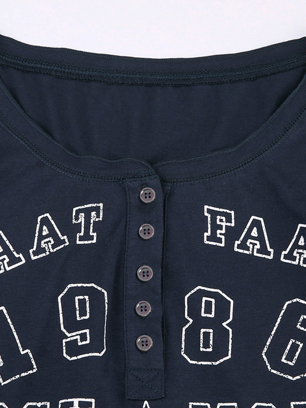 Number Letter Print Breasted Slim Long Sleeve Tee