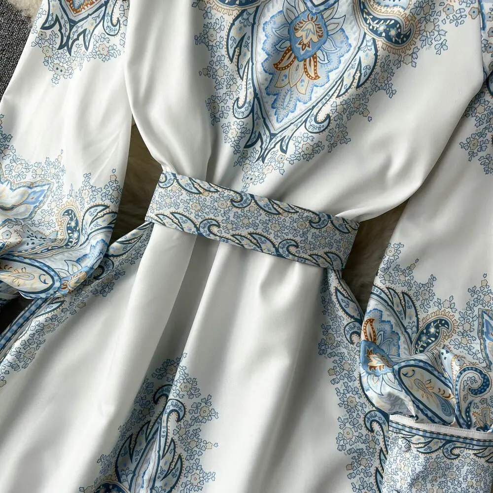New Women Vintage Party Dress Fashion Long Sleeve Single Breasted Stand Collar Elegant Printed Long Dresses Spring Autumn Robe