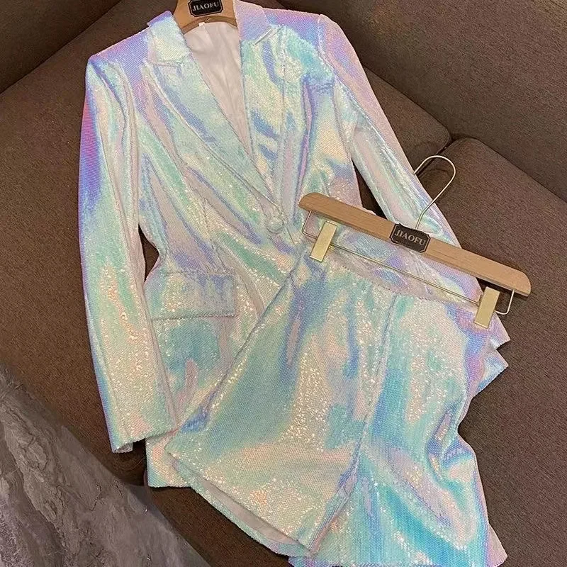 Ootddress Sparkly Blazer Short Suit For Women 2025 Autumn Turn-down Collar Blazer Jaclets And Shorts Ladies 2 Piece Sets Outfits
