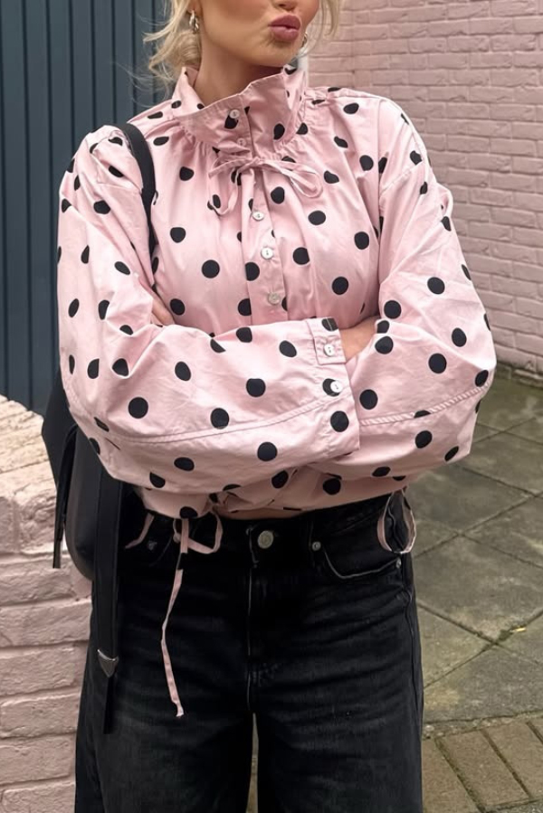 Polka Dot Print Loose Stand Collar Button Bow Tie Casual Long-sleeved Jacket