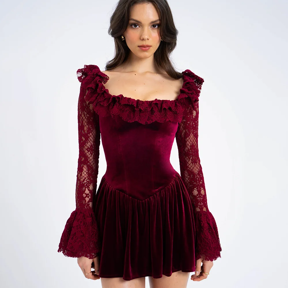 Ootddress Elegant Long Sleeve Lace Patchwork Tight Dress Women Sexy Trumpet Sleeves Slim Skirt Autumn/Winter New 2025 Vestido
