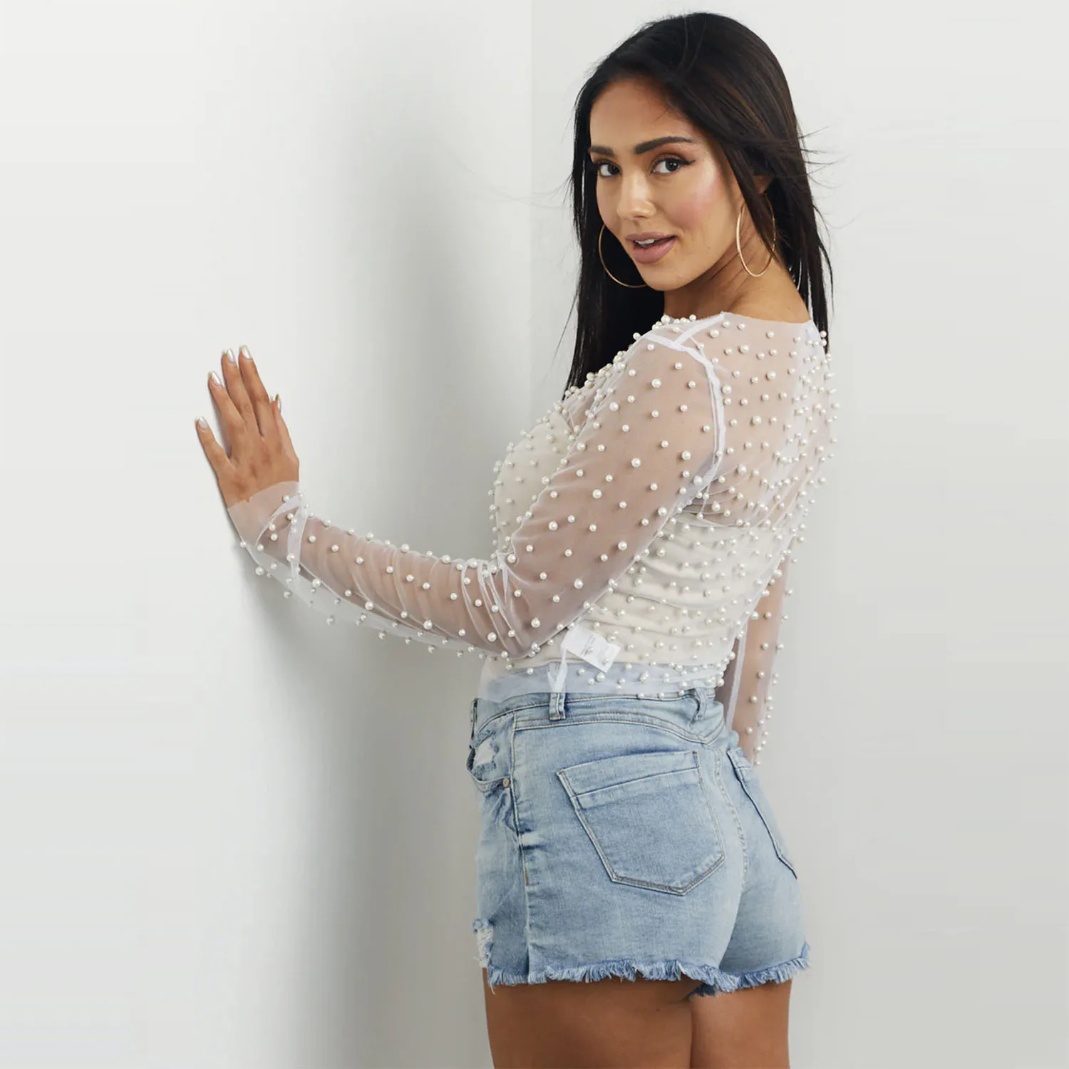Ootddress Summer Long Sleeve Beach Top Mesh For Women Sheer Lace See-Through Crop top Pearls Cover up Slim Nude sexy Party Outfits