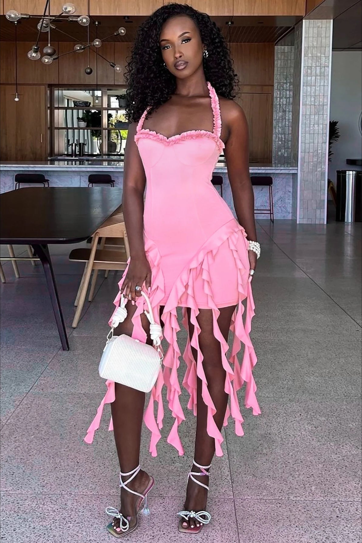 One Shoulder Cascading Ruffle Panel Bodycon Mini Dress