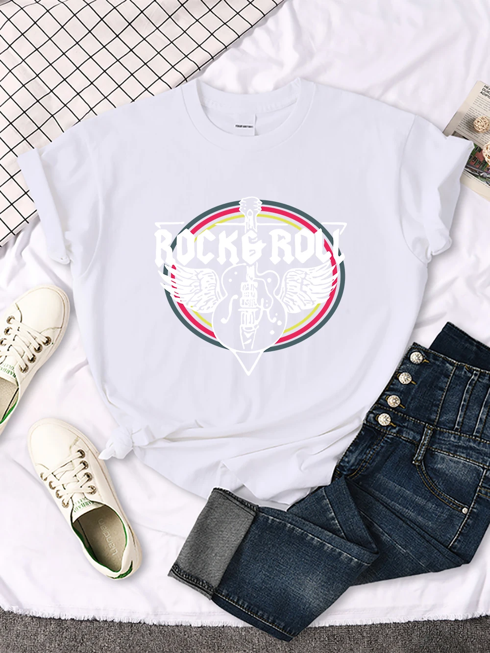 Rock Roll Electric Guitar Printed T-Shirt Women Casual Comfortable Tops Breathable Cool Short Sleeve O-Neck Street Tee Clothing
