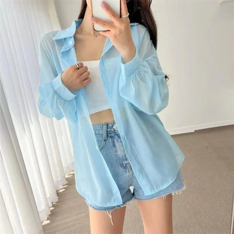 Perspective Shirts Women Sheer Thin Chic Summer Simple Solid Sun-proof Top Fashion Blouse Baggy All-match Basic Korean Clothing