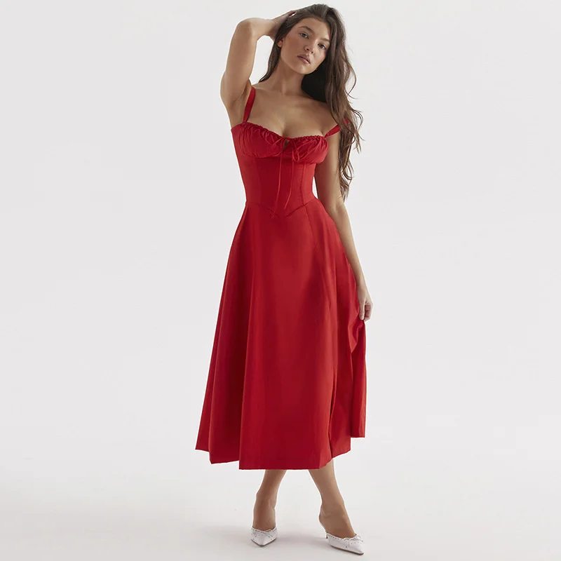 Ootddress Elegant Backless Split Midi Dress For Women Robe Spaghetti Strap Sleeveless Lace-up Pleated Party Long Dress Vestido