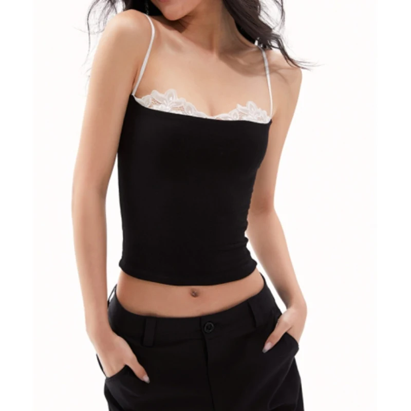 Black Lace Patchwork Sling Tops Women Elasti Crop Top Summer Backless Sleeveless Tank Top Y2K Clothes Girls Cute Camisole Vest