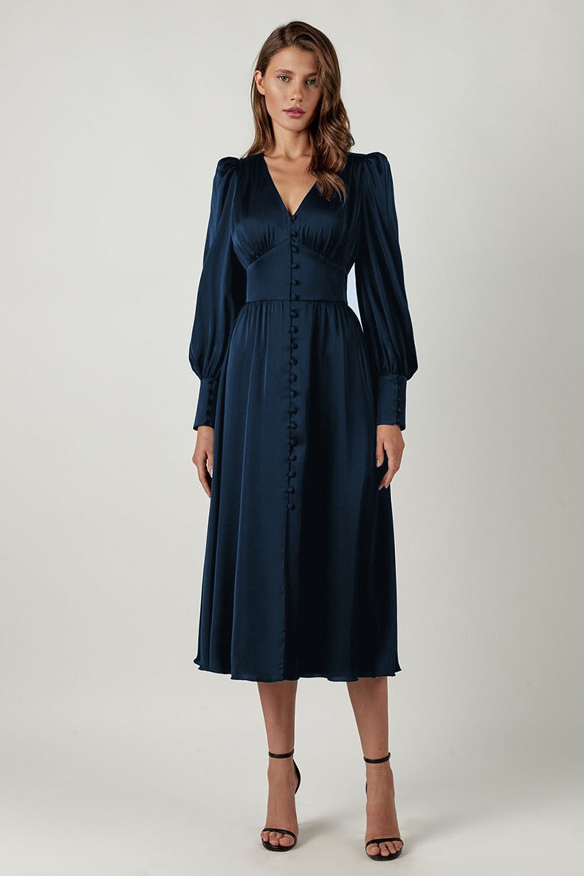 Deep V-Neck Lantern Sleeve Button Front Cinched Waist Satin Midi Dress
