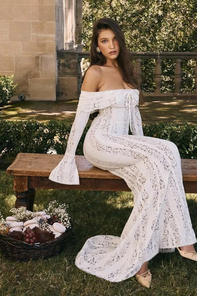 Off Shoulder Floral Lace Tie Front Long Sleeve Bodycon Maxi Dress