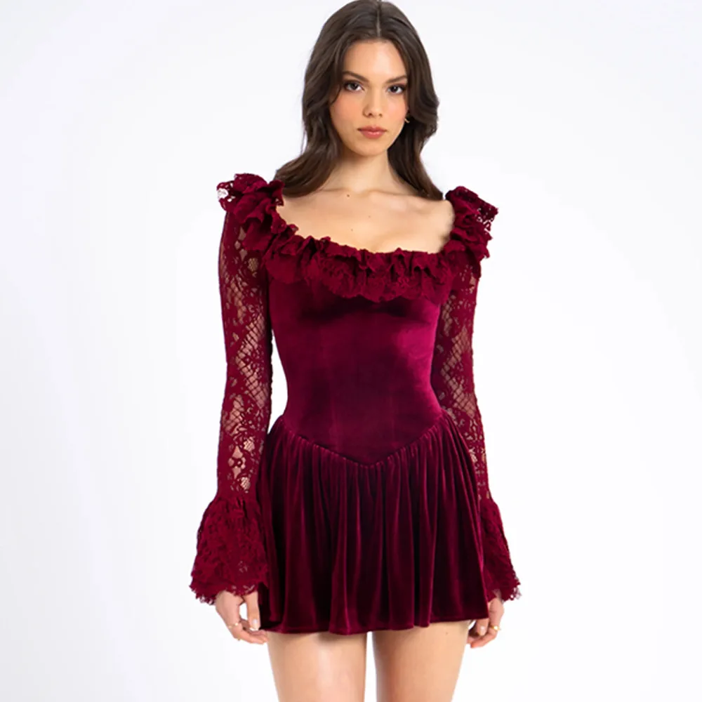 Ootddress Elegant Long Sleeve Lace Patchwork Tight Dress Women Sexy Trumpet Sleeves Slim Skirt Autumn/Winter New 2025 Vestido