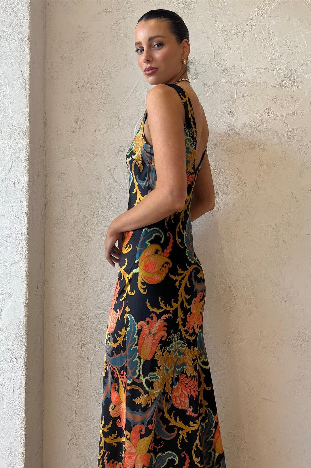 Satin Deep V-Neck Wide Strap Baroque Floral Print Slip Maxi Dress