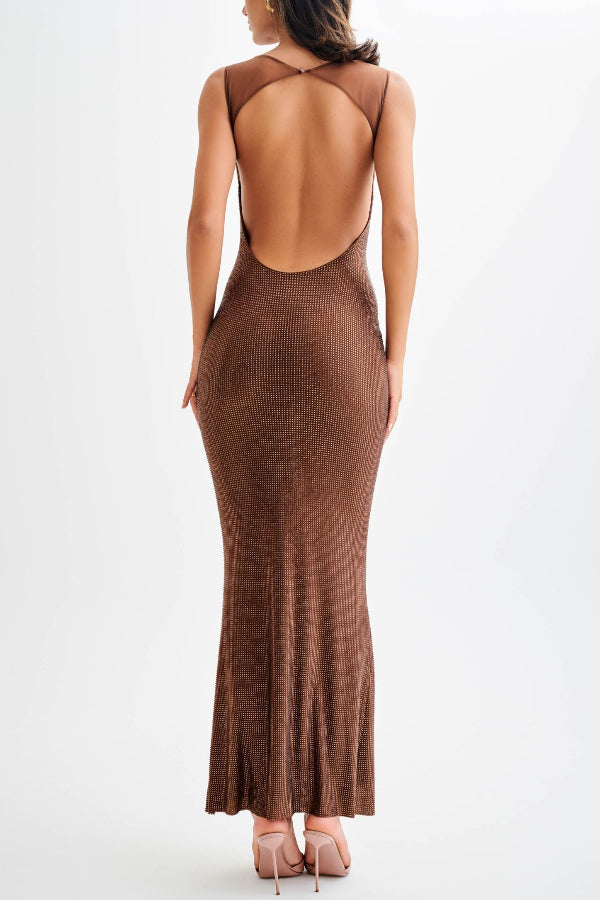 Scoop Neck Thin Strap All-Over Sequin Shimmer Column Maxi Gown