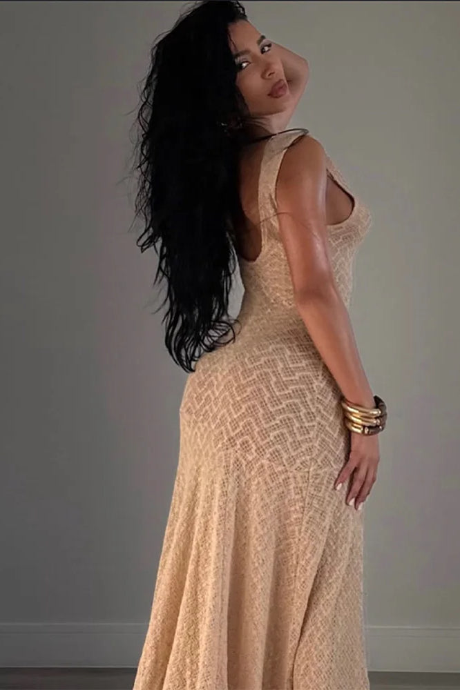 Crochet Knit Boat Neck Sleeveless Chevron Pattern Fit and Flare Maxi Dress