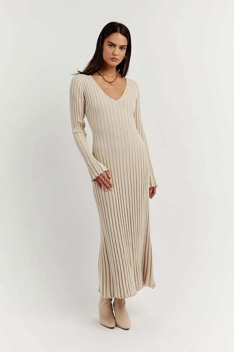 Rib Knit V-Neck Lettuce Edge Cuff Bodycon Maxi Dress