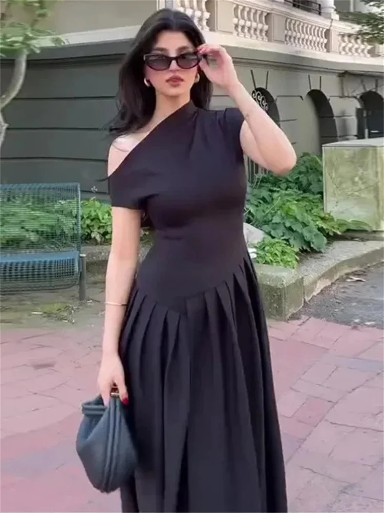 Ootddress Black Off-Shoulder Autumn Long Dress For Women High Waist Patchwork Slim Sexy One-Shoulder Party Dress Female Maxi Dress