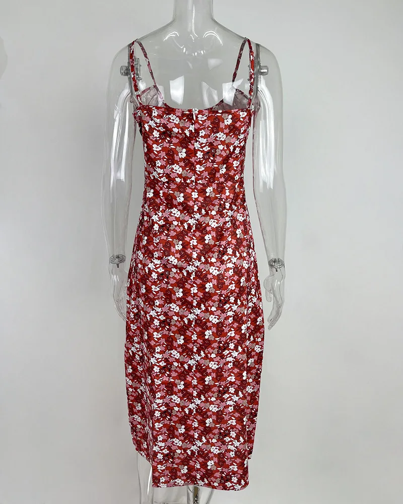 Flower Printed Spaghetti Strap Dresses For Women Sexy Low Cut Beach Party Slim Slit Dress Chic Bodycon Lady Sleeveless Vestidos 16 undefined